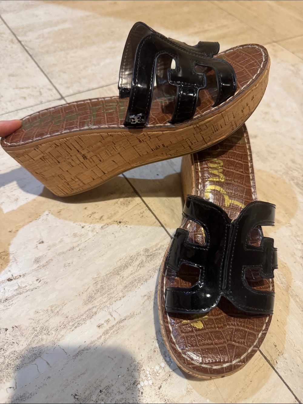 Sam Edelman Black Patent Cork Wedge Slide Sandals